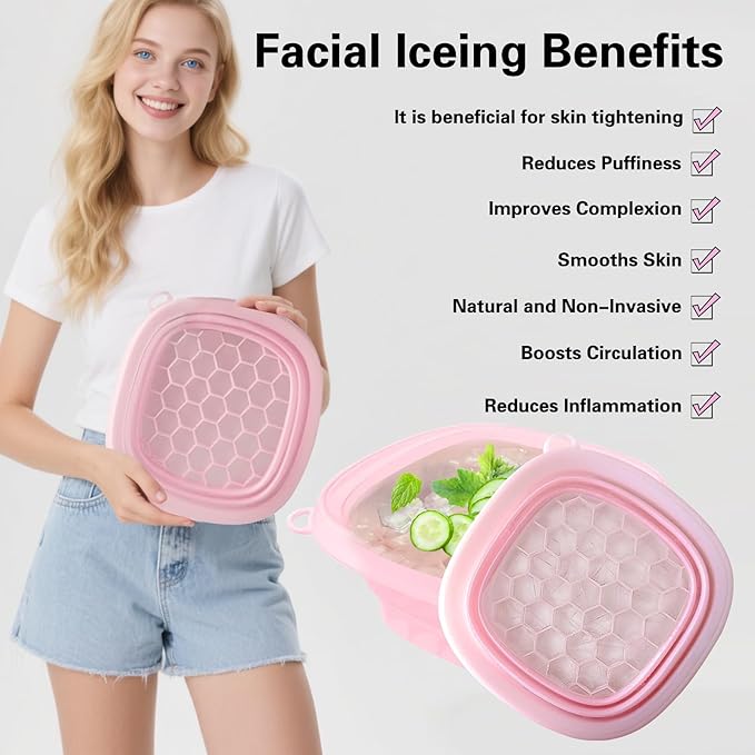 Face Bowl for Ice with Built-in IceTray,Collapsible Silicone Face Ice Bowl – Cold Plunge Therapy for Skin Tightening & Facial Treatment– Portable Spa Tool for Home & Travel（Pink) ﻿