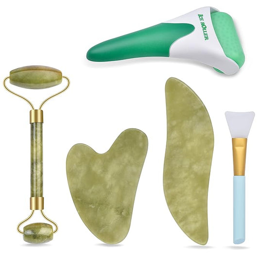 6 in 1 Ice Roller & Jade Roller and Gua Sha Set, Facial Massage Kits, Facial Roller Kit with Gua Sha Tool and Silicone Brush, Anti-Aging Jade Stone Massager for Face, Eyes, Neck Massage