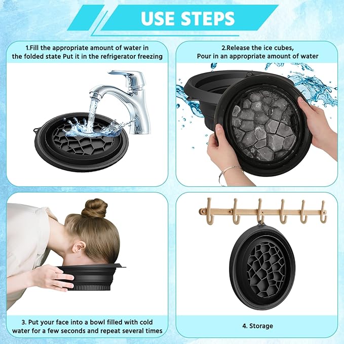 Foldable Silicone Facial Ice Bath Bowl, Ice Face Bowl with Built-in Ice Tray - for Cold Immersion Therapy, Skin Tightening and Acne Relief - Portable Cold Therapy Tool for Home and Travel (Black)