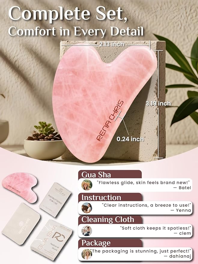 Rena Chris Gua Sha Facial Tools, Rose Quartz Guasha Tool for Acupuncture, Manual Massage Tool for Jawline Sculpting and Puffiness Reducing, Gua Sha Facial Massage Tool, Skin-Care Gift