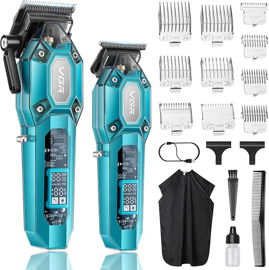 VGR Professional Hair Clippers for Men, Cordless Barber Clippers and Trimmers Set, Mens Hair Cutting Kit with 10 Guide Combs, USB Rechargeable Haircut Machine for Family, LED Display, Green