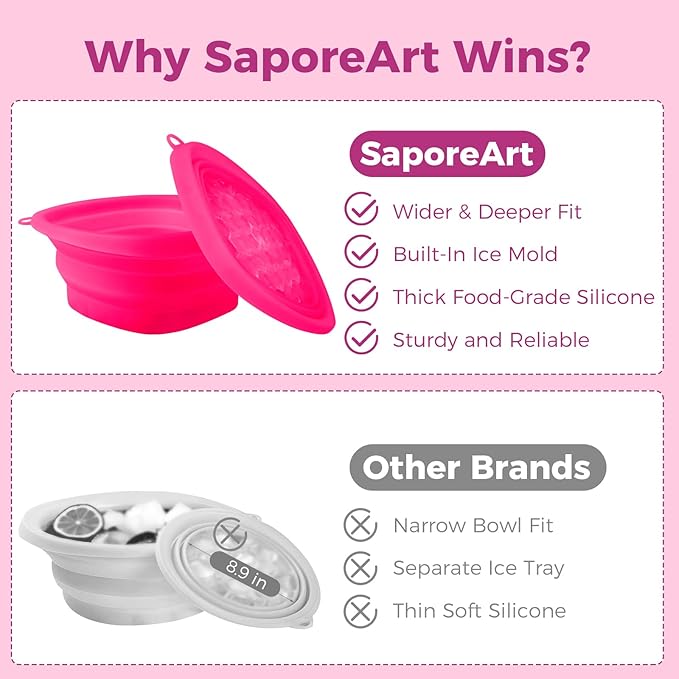 SaporeArt Ice Face Bowl, Upgraded Wider & Deeper Collapsible Silicone Facial Ice Bath Bowl with Built-In Ice Mold, Soothes Puffiness & Redness, Ideal for Home and Travel