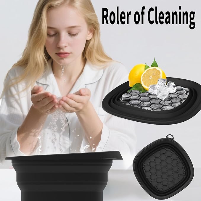 Face Bowl for Ice with Built-in IceTray,Collapsible Silicone Face Ice Bowl – Cold Plunge Therapy for Skin Tightening & Facial Treatment– Portable Spa Tool for Home & Travel（Black)