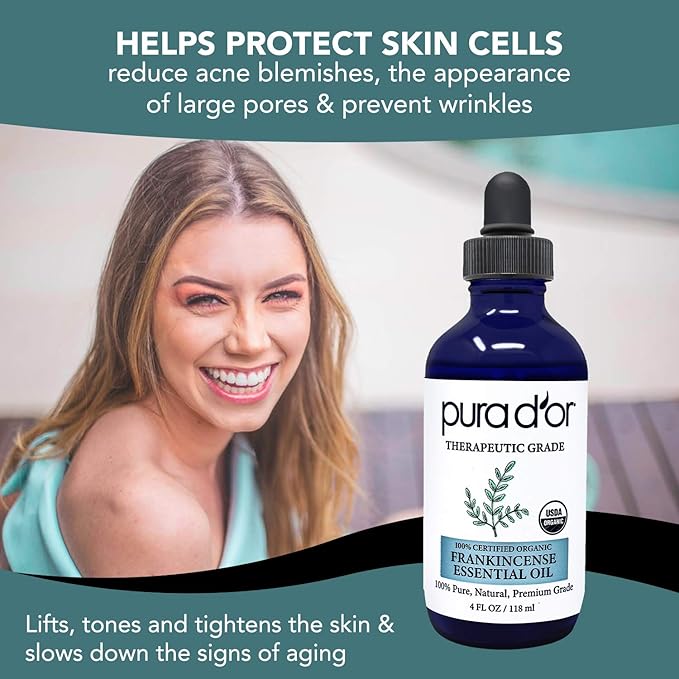 PURA D'OR ORGANIC Frankincense Essential Oil (4oz with Glass Dropper) 100% Pure & Natural Therapeutic Grade For Hair, Body, Skin, Aromatherapy Diffuser, Relaxation, Meditation, Mood, Massage, DIY Home