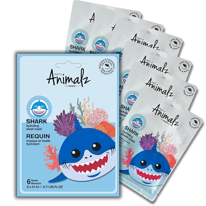 masque BAR Pretty Animalz Animal Character Sheet Mask, Korean Skin Care, Korean Spa Masks for All Skin Types, Spa Gifts, Birthday Party Gifts, Girls' Night, Skincare Party, Shark Pack of 6