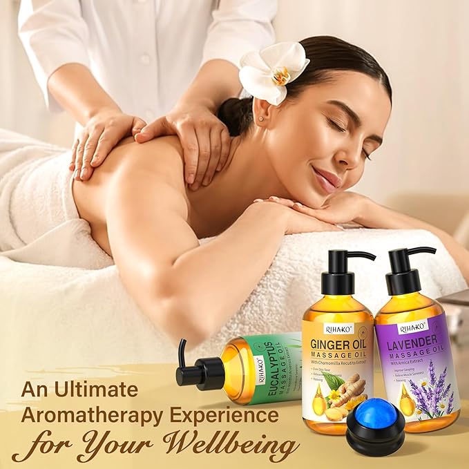 3 Pack Massage Oil for Massage Therapy,Ginger for Lymphatic Drainage, Lavender for Relaxation, Eucalyptus Mint for Muscle Relief | Massage Therapy & Date Night Spa Gift with Massage Ball for Him & Her