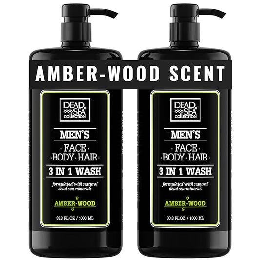 Dead Sea Collection Mens Body Wash 3 in 1 – Amber Wood Body Wash for Men – Shower Gel – Shampoo – Shower Soap for Face and Hair – Pack of 2 Bottles (33.8 Fl. Oz. Each)