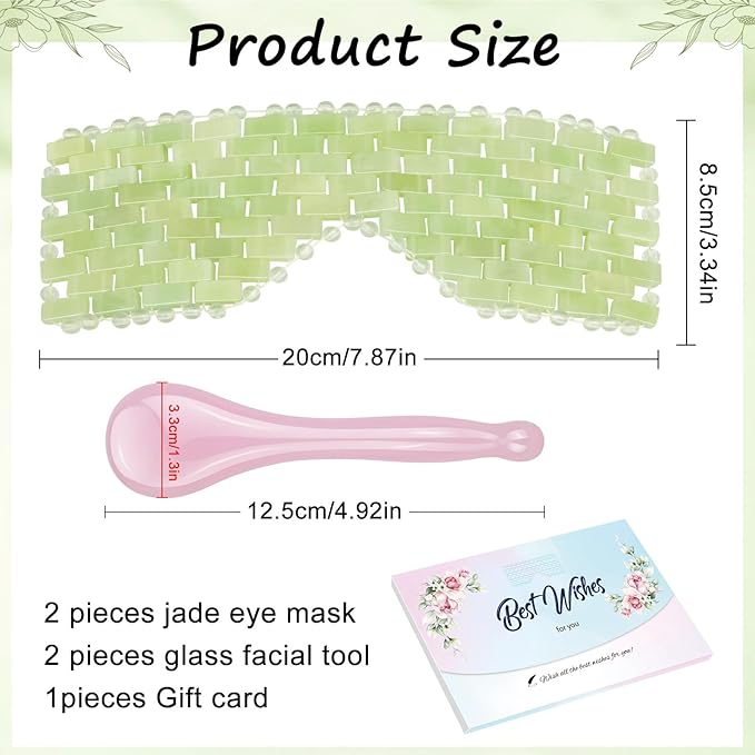 4 Pcs Jade Eye Mask & Skin-Safe Glass Facial Massage Tool, Jade Cooling Mask & Gua Sha Therapy Roller for Skincare Relieve Puffiness, Anti-Aging, Stress Relief
