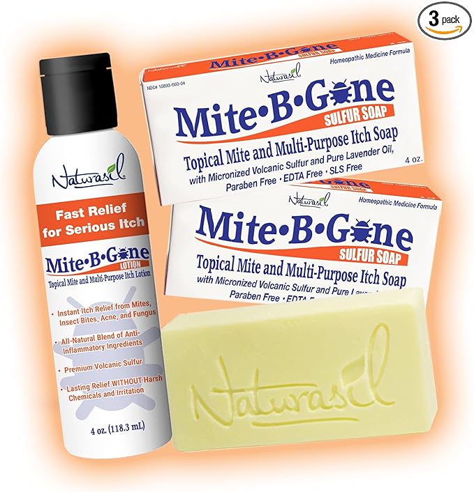 Natural, Calming Itch Relief Pack by Mite-B-Gone - 10% Sulfur Lotion (4oz) + 2 Soaps | Treats Bites, Acne, Itching, Rosacea & Irritation | Safe for Kids & Adults | Fast & Effective for All Skin Types