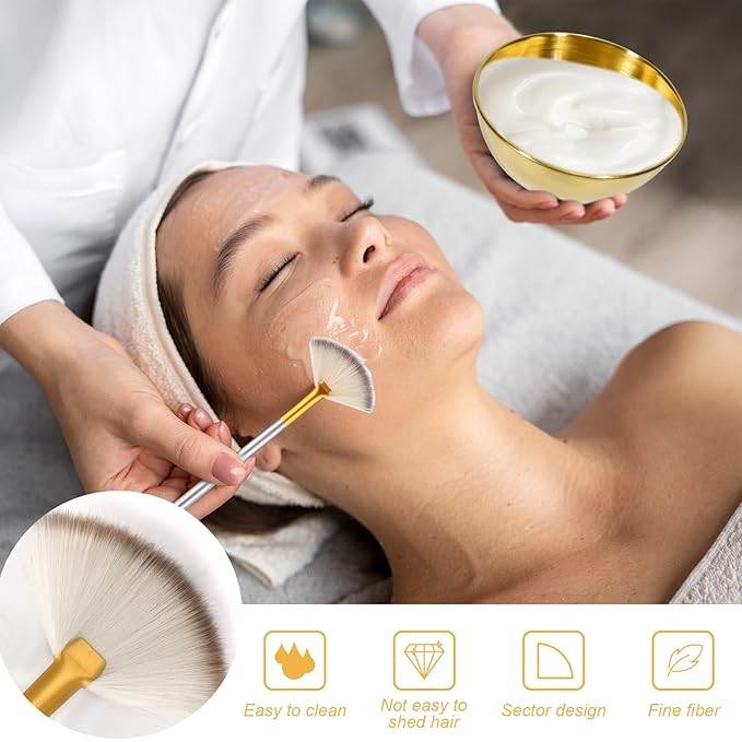 13 Pcs Esthetician Supplies 3 Gold Bowls Stainless Steel 3 Gold Skincare Spatula Metal 3 Facial Fan Brushes 3 White Facial Headbands Esthetician Clear Cosmetic Bag with Zipper for Women Facials