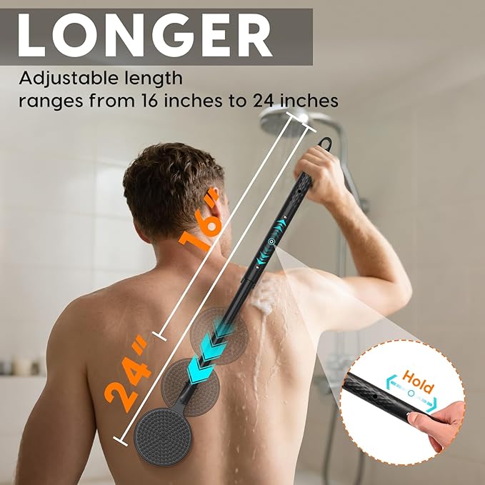 VWMYQ Silicone Back Scrubber for Shower, 24in Adjustable Handle Body Brush, Double Sided Shower Brush for Shower Exfoliating and Massage Can Produce Rich Foam, Long Handle Back Scrubber for Men