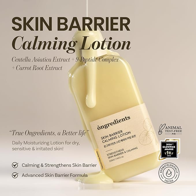 ONGREDIENTS Skin Barrier Calming Lotion | Lightweight Moisturizer for Dry, Sensitive Skin | Centella, 9-Peptide Complex, Glucose, Soothing, Calming, Hydrating | Vegan, Korean skincare (7.43 fl Oz)