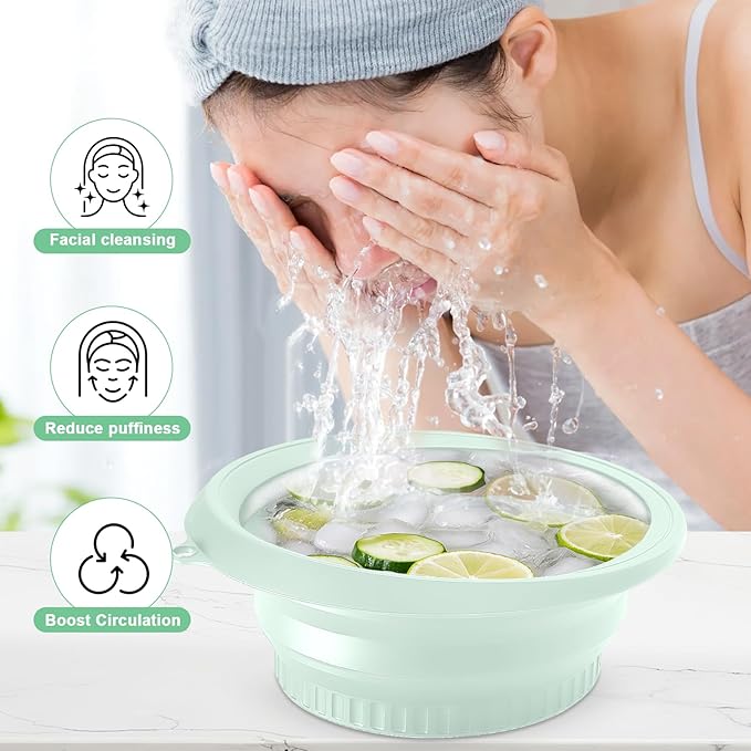 Face Bowl for Ice with Built-in Ice Tray, Collapsible Facial Ice Bath Bowl for Skin Tightening, Acne Relief Cold Plunge Therapy, Portable Spa Tool for Home & Travel (Green)