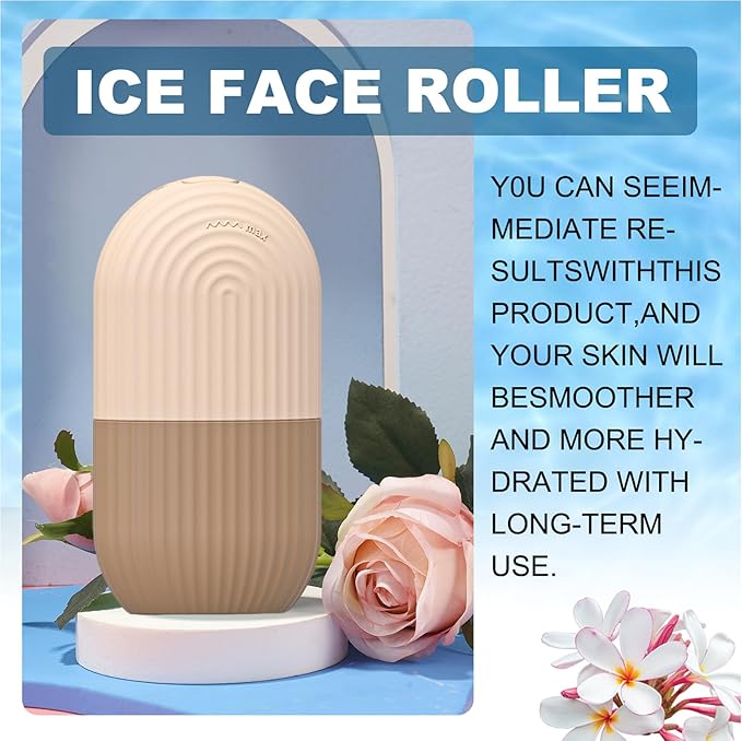 Ice Face Roller, Reusable Silicone Mold Face Massage Eye Facial Beauty Skin Care Tools Apply Ice for Shrink Pores Anti Wrinkle Reduce Puffiness Improve Skin Elasticity, Striped, Brown