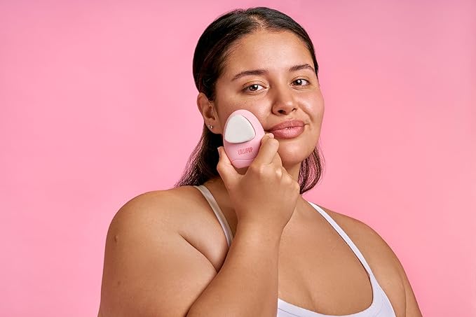 LOLLIPOP Dual-Sided Facial Cleansing Brush | Palm Size Silicone Face Exfoliator and Soft Fiber Cleanser | Manual Face Scrubber for Pores, Makeup Removal, Blackhead and Skincare Routine, Bubblegum