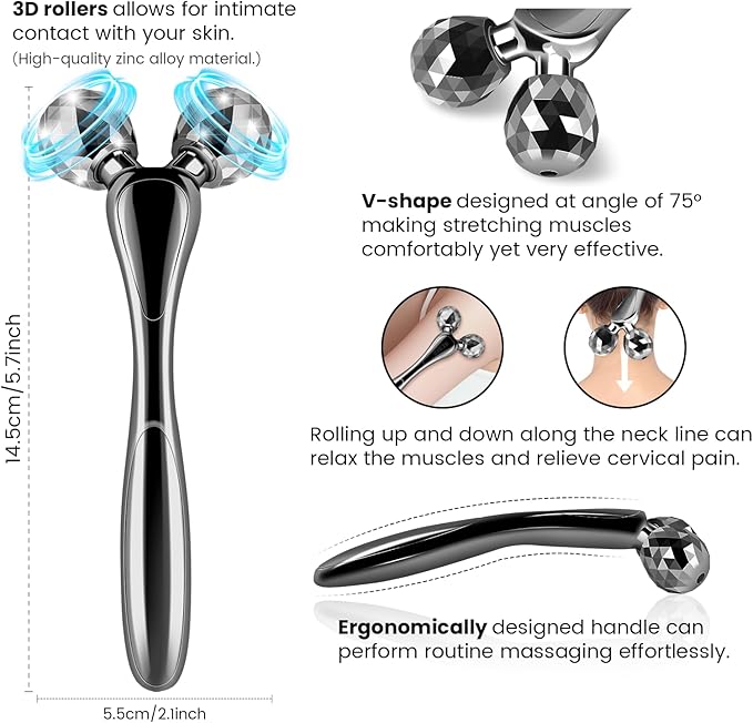 3D Facial Massager Rollers Lifting Massager, Skin Care Face Body Massager Firming Tools for Body Relaxation Massage, Kneading, Body Slimming and V-Shaped Face Lift, Anti-Wrinkle (Gunmetal)