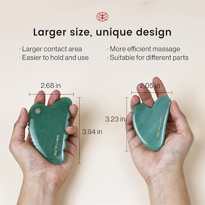 Rena Chris Gua Sha Facial Tool, Natural Jade Stone Body Gua sha with Exquisite Wooden Box, Large Guasha Suitable for Face Lifting, Puffiness Reducing and Whole-Body Massage, Skin Care Massager