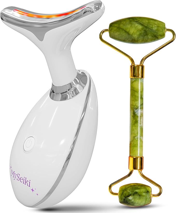 7 LED Light Beauty Tool – Face and Neck Massager with Jade Roller, Case, and Cloth – White