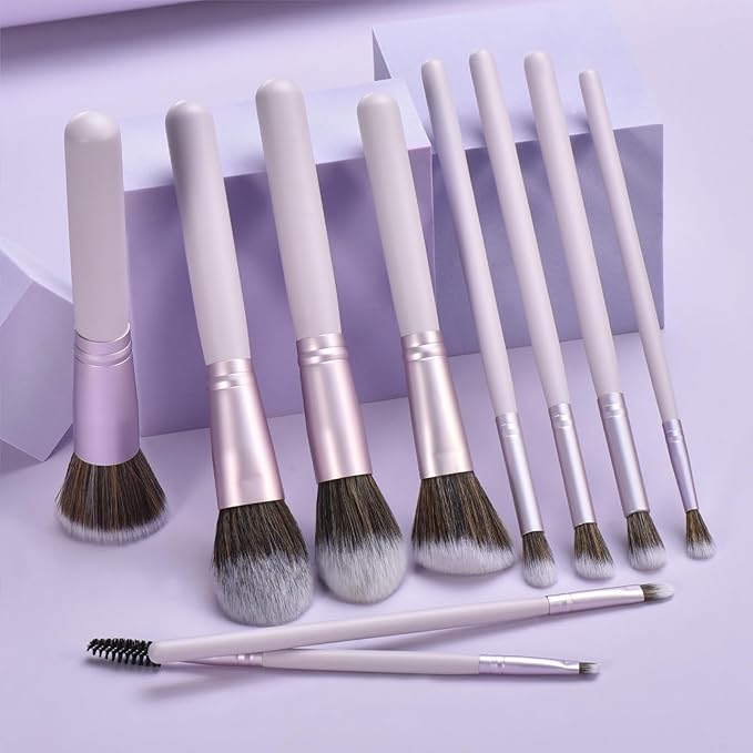 10 Piece Purple Makeup Brushes - Wooden Handle with Soft Synthetic Bristles,for Face & Eye Makeup|Professional Makeup Brushes set for Women & Girls|