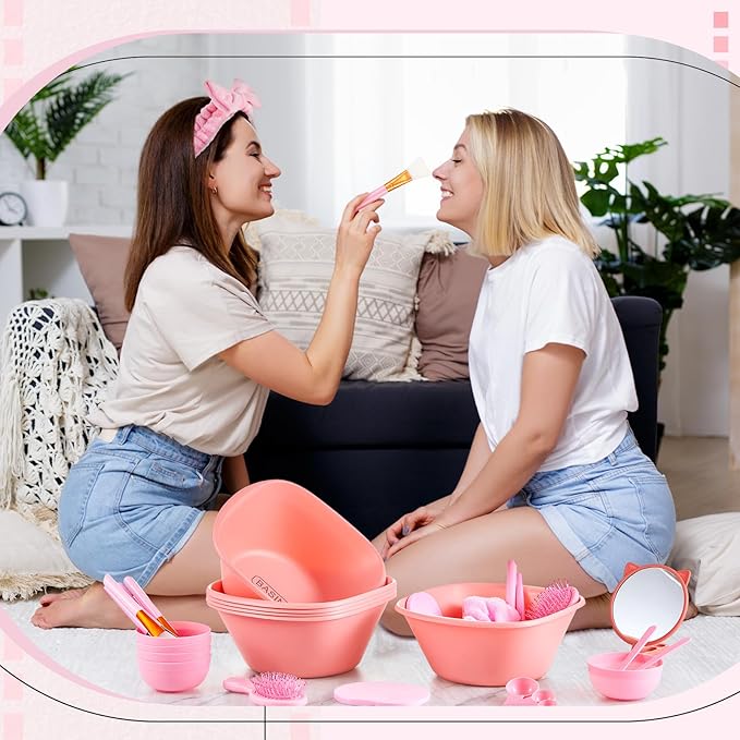 100 Pcs Spa Party Supplies for Women Pink Facial Mask Bowl Set with Facial Mask Bowls Spatula Brush Puff Measuring Scoop Basin Mirror Air Cushion Comb Headband Spa Birthday Party Favor