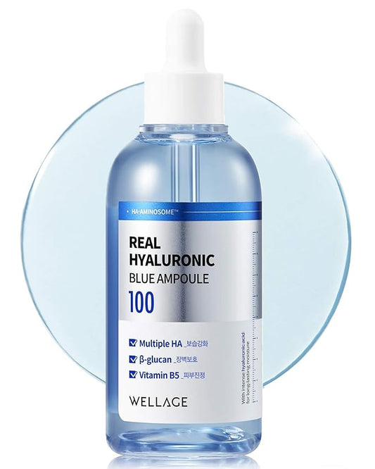 WELLAGE Real Hyaluronic Blue Ampoule 100, Fragrance Free Hyaluronic Acid Ampoule, Hydrating Non Sticky Serum for Sensitive Dry Skin, 2.54 fl.oz