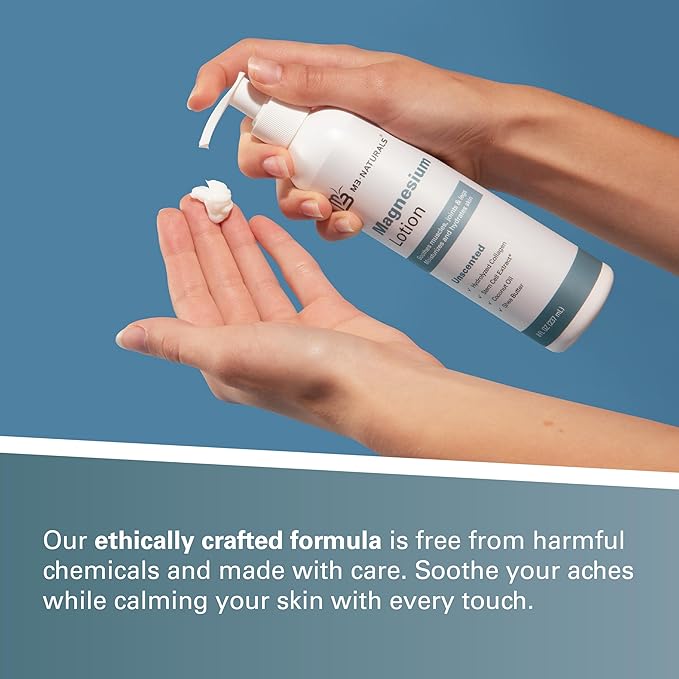 M3 Naturals Unscented Magnesium Lotion for Sleep & Leg Cramps, Suitable for Sensitive Skin, Helps with Muscle Relaxation, Soothes Tired Legs & Foot Aches and Supports Restful Nights, 8 fl oz