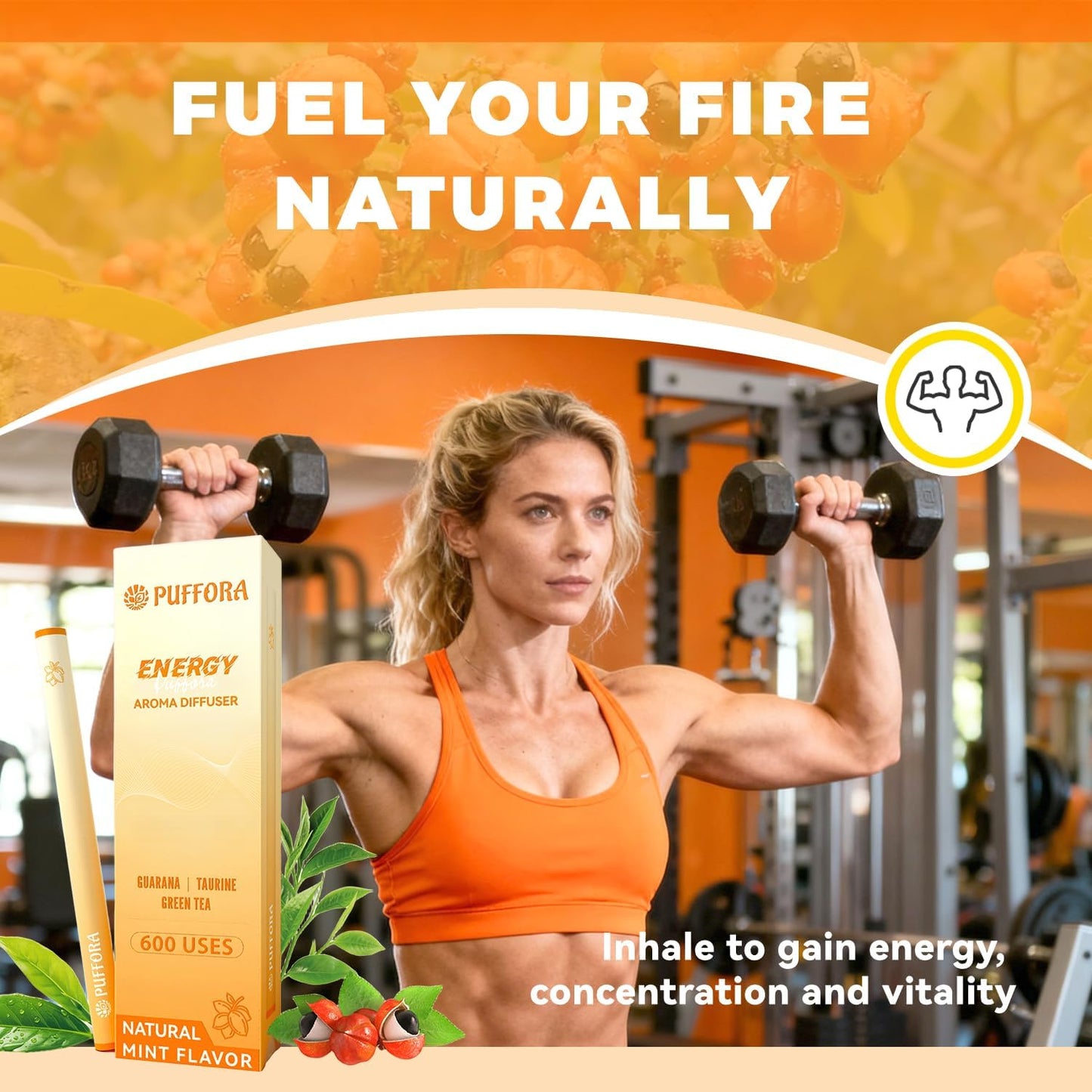 Energy Diffuser Pen, Extracts of Guarana, Green Tea & Taurine, Vitamin B12 & B6, Support for Energy & Focus Boost, Body Relaxation, Natural Alternative - 600 Uses