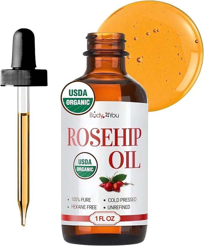 BodyJ4You Rosehip Oil for Face - 100% Pure Natural USDA Organic Cold Pressed - Hydrating Skin Hair Nails Anti-Aging Wrinkle Scar Treatment Gua Sha - Non-GMO Undiluted Carrier - Glass Bottle 1 Fl Oz