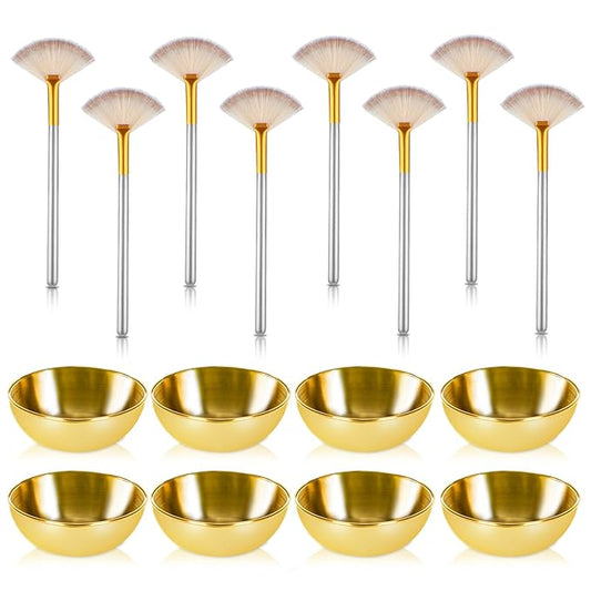 16 Pcs Gold Facial Bowl and Brush Set 8 Facial Fan Brushes Esthetician 8 Gold Facial Mixing Bowls Esthetician Stainless Steel Mixing Bowls Face Mask Brush for Mud Cream Makeup Spa Salon Women