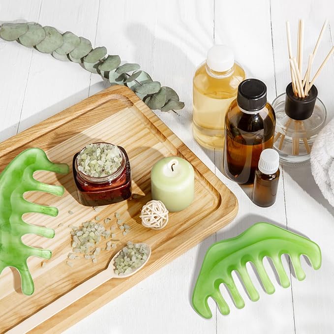 Geiserailie 2 Pieces Jade Combs Massage Stone Hair Gua Sha Scraping Scalp Comb Facial Massage Tool Multifunctional Handheld Head Tools Head Caring Therapy Mother's Day Gift (Fashion Style)