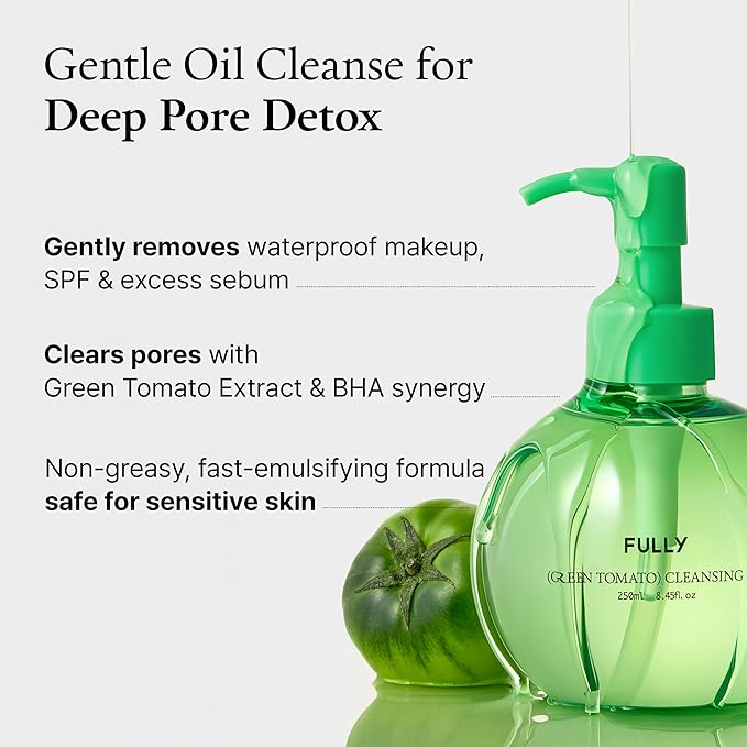 FULLY Green Tomato Pore Cleansing Oil, Daily Oil Cleanser with BHA & Green Tomato for Makeup Removal, Sebum Control, Blackhead Removal for Sensitive Skin, Vegan Korean Skincare, 8.45 fl.oz