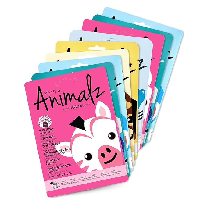 masque BAR Pretty Animalz Animal Character Sheet Mask, Korean Skin Care, Korean Spa Masks for All Skin Types, Spa Gifts, Birthday Party Gifts, Girls' Night, Skincare Party, Assorted Pack of 9