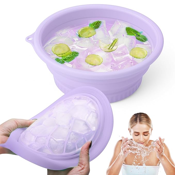 Palksky Face Ice Bath Bowl with Built-in Icetray, Silicone ICES Facial Bowls Collapsible Washbasin, Facial Plunge Bowl, Face Icebath at Home for Skin Tightening, Acne Relief, Purple