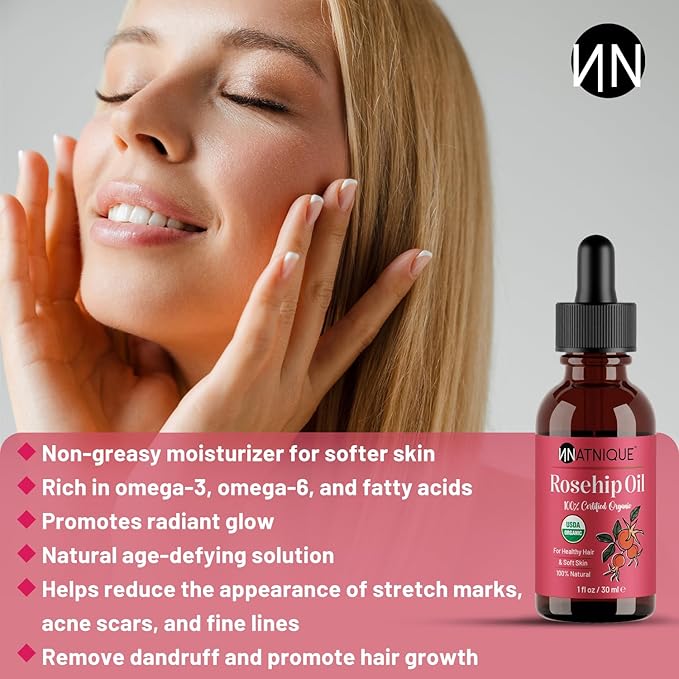 Rosehip Seed Oil Organic, 1 oz – USDA Certified Pure Rosehip Oil, Cold-Pressed Natural Moisturizer for Face, Hair, Skin, Scalp & Nails – Ideal for Gua Sha Massage