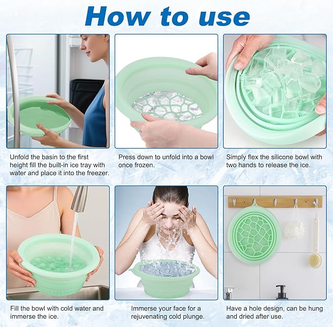 Face Ice Bath Bowl with Built-In Icetray – Collapsible Silicone Facial Ice Bath Bowl for Easy Storage & Carrying,Ice Face Bowl for Cold Plunge Therapy,Facial Plunge Bowl for Home & Travel (Green)
