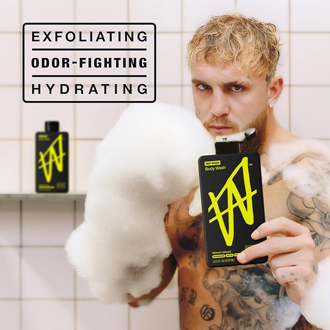 W By Jake Paul Exfoliating Body Wash for Men, Vitamin-Infused, Hydrating Shower Gel, Deep Woods, 18 fl oz (Pack of 2)