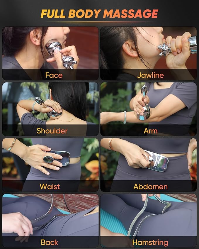 ONUEMP 4-in-1 Stainless Steel Massage Therapy Tools for Ice Body Sculpting, Maderoterapia Kit Colombiana, Gua Sha Scraping Body & Facial Massager for Lymphatic Drainage, Anti Cellulite