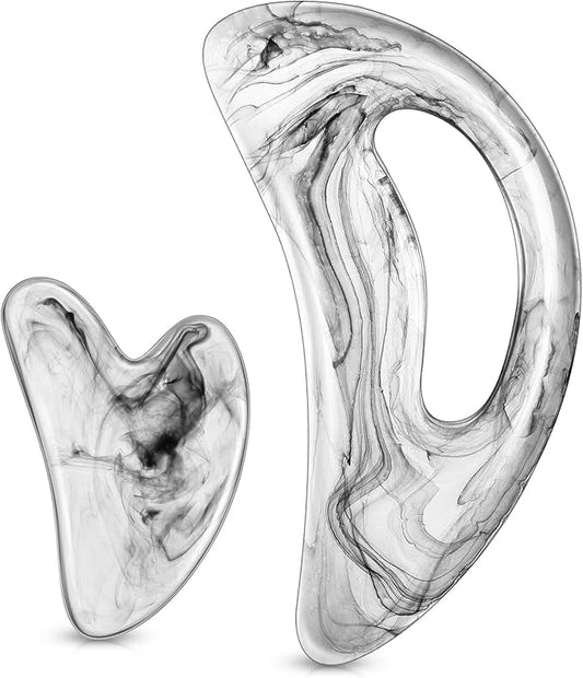 BBTO 2 Pcs Body Gua Sha Tool Large Resin Scraping Tools with Handle for Back, Neck, Face, Leg - Lymphatic Drainage, Cellulite Removal, Muscle Relief(Clear)