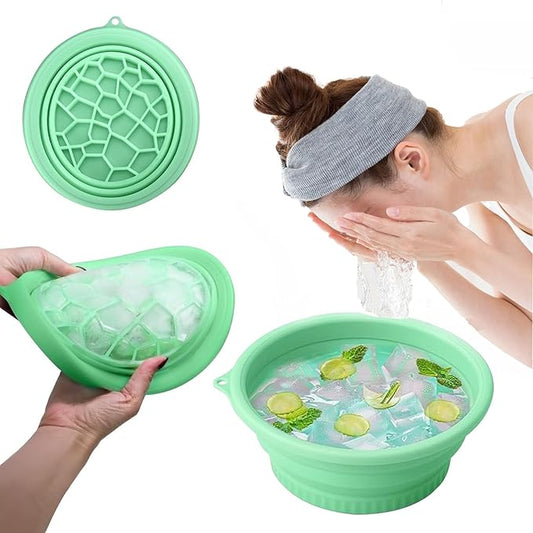 Face Ice Bath Bowl Mold With Built-In Icetray, Portable Foldable Silicone Dipping Water Facial Cold Immersion Therapy Plunge Ice Bowl For Face Ice Bath Holder For Home And Travel (Green)
