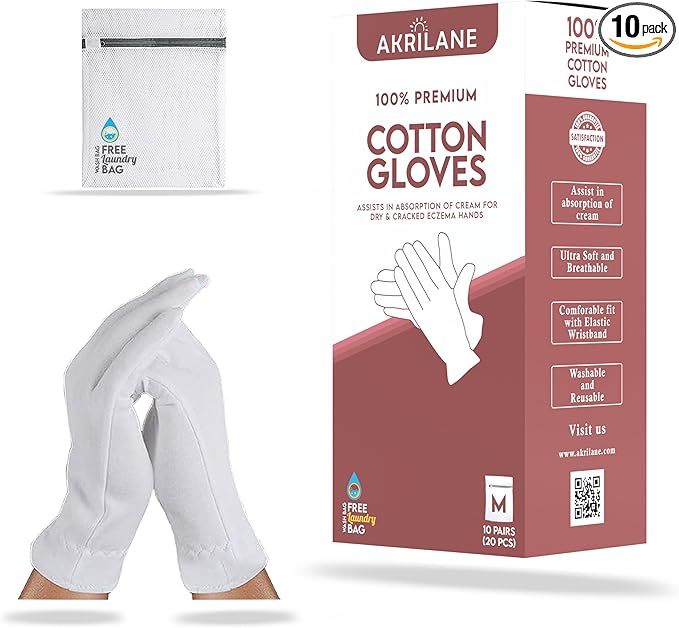 M Medium 10 Pairs 100% Premium Cotton Gloves for Dry Hands | Moisturizing Overnight Gloves for Eczema, Psoriasis & Skin Spa Treatment for Women & Men | Washable & Reusable with Free Laundry Bag