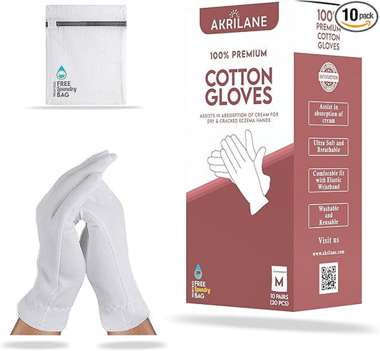 M Medium 10 Pairs 100% Premium Cotton Gloves for Dry Hands | Moisturizing Overnight Gloves for Eczema, Psoriasis & Skin Spa Treatment for Women & Men | Washable & Reusable with Free Laundry Bag