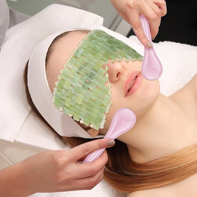 4 Pcs Jade Eye Mask & Skin-Safe Glass Facial Massage Tool, Jade Cooling Mask & Gua Sha Therapy Roller for Skincare Relieve Puffiness, Anti-Aging, Stress Relief