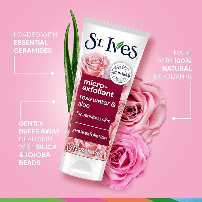 St. Ives Gentle Smoothing Face Scrub Our Gentlest Scrub Yet Rose Water and Aloe Vera Made with 100 percent Natural Exfoliants, Paraben Free, Oil-Free, Dermatologist Tested 6 oz