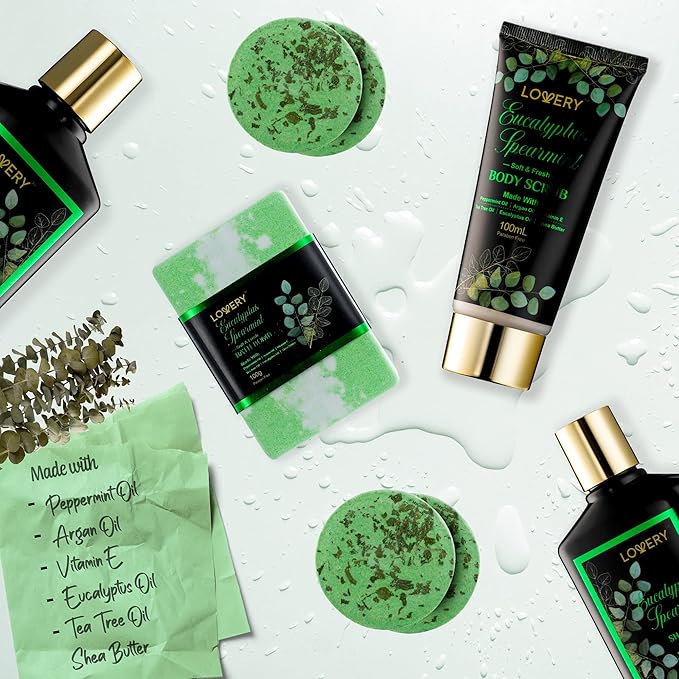 Eucalyptus Spearmint Bath Set, Home Spa Set with Natural Mint Fragrance, 17 Pcs Gift Basket, Eucalyptus Bath Oil, Shower Gel, Bubble Bath, Bath Crystal, Steamer Tablet & More, Best Birthday Gift