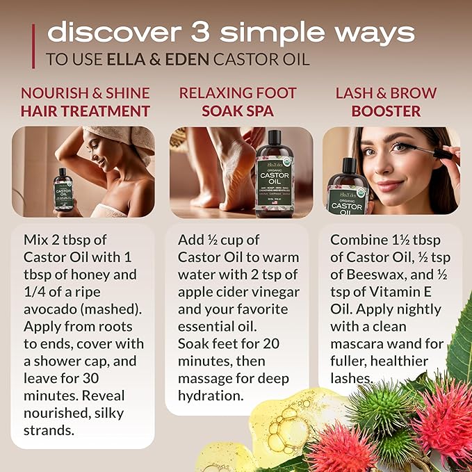 Ella & Eden Organic Castor Oil – Cold-Pressed, Hexane-Free, USDA Certified, Unrefined & 100% Pure | For Hair Growth, Skin and Face – 32 fl oz