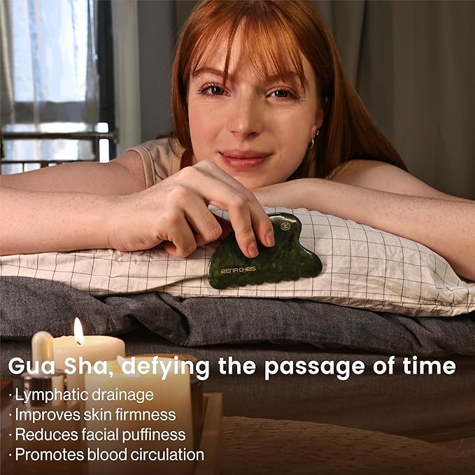 Rena Chris Gua Sha Facial Tool, Natural Xiuyan Jade Stone Body Gua Sha with Exquisite Wooden Box, Large Guasha Suitable for Face Lifting, Puffiness Reducing and Whole Body Massage, Skin Care Massager