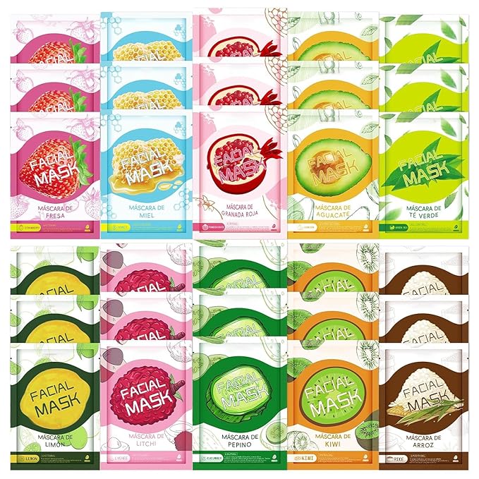 30 Sheets Face Masks Skincare, Hydrating Variety Face Mask For Sensitive Skin, Moisturising Sheet Mask for Women, Soothe Facial Masks for All Skin Types, Fruit Sheet Face Mask Skincare for Spa