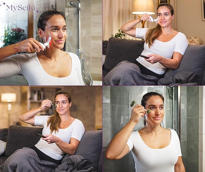 7 LED Light Beauty Tool – Face and Neck Massager with Jade Roller, Case, and Cloth – White