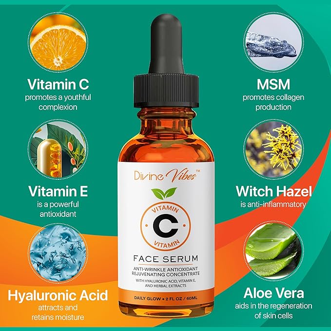 100% Pure Vitamin C Serum for Face - Face Serum for Fine Lines with Hyaluronic Acid, Vitamin E, Herbal Antioxidant Extracts - Smooth, Tight, Firm, Youthful Skin, 2 FL Oz