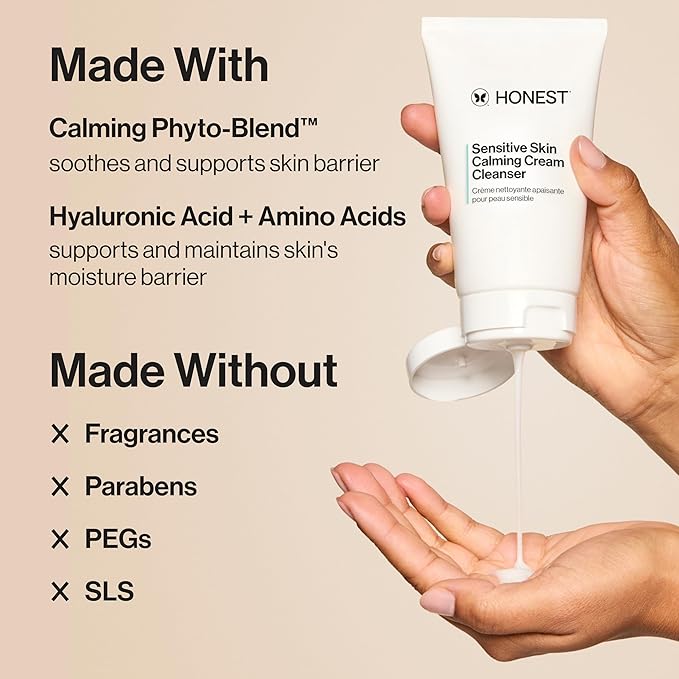 Honest Beauty Sensitive Skin Calming Cream Cleanser | Gently Cleanses, Hydrates, + Calms Skin | Hypoallergenic, Fragrance Free, Vegan | 4 fl oz